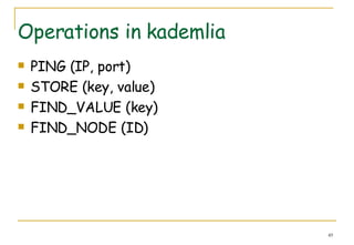 Operations in kademlia PING (IP, port) STORE (key, value) FIND_VALUE (key) FIND_NODE (ID) 