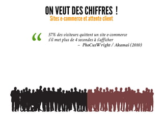 ON VEUT DES CHIFFRES ! 
Sites e-commerce et attente client
57 % des visiteurs quittent un site e-commerce
s'il met plus de 4 secondes à s'afficher
– PhoCusWright / Akamai (2010)
“ 
 