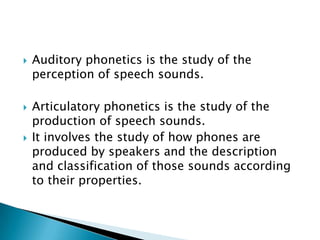  Auditory phonetics is the study of the
perception of speech sounds.
 Articulatory phonetics is the study of the
production of speech sounds.
 It involves the study of how phones are
produced by speakers and the description
and classification of those sounds according
to their properties.
 