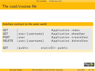 Core concepts   Conﬁguring routes


The conf/routes ﬁle



Interface contract to the outer world

GET            /                                    Application        . index
GET            / u s e r /{ username }              Application        . showUser
POST           / user                               Application        . createUser
DELETE         / u s e r /{ username }              Application        . deleteUser

GET            / public                staticDir : public




      Alexander Reelsen     Web development with the Play! framework       June 2010   14 / 35
 