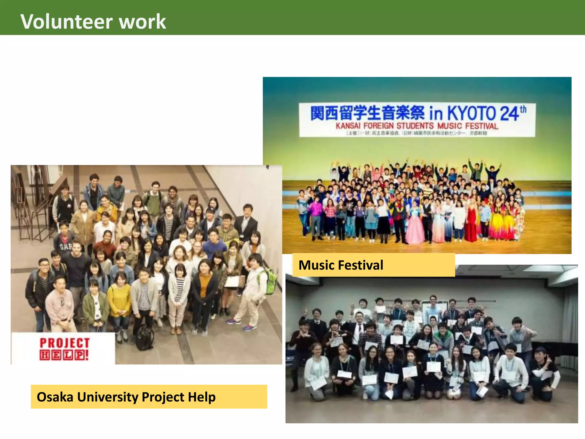 Volunteer work
Music Festival
Osaka University Project Help
Volunteer work
 