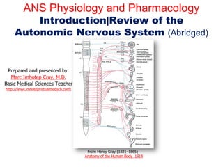ANS Physiology and Pharmacology
Introduction | Review of the
Autonomic Nervous System
Prepared and presented by:
Marc Imhotep Cray, M.D.
Basic Medical Sciences Teacher
http://www.imhotepvirtualmedsch.com/
From Henry Gray (1821–1865)
Anatomy of the Human Body 1918
 