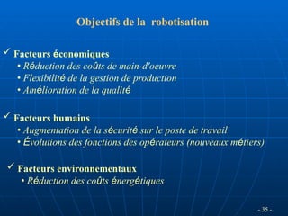- 35 -
Objectifs de la robotisation
 Facteurs économiques
• Réduction des coûts de main-d'oeuvre
• Flexibilité de la gestion de production
• Amélioration de la qualité
 Facteurs humains
• Augmentation de la sécurité sur le poste de travail
• Évolutions des fonctions des opérateurs (nouveaux métiers)
 Facteurs environnementaux
• Réduction des coûts énergétiques
 