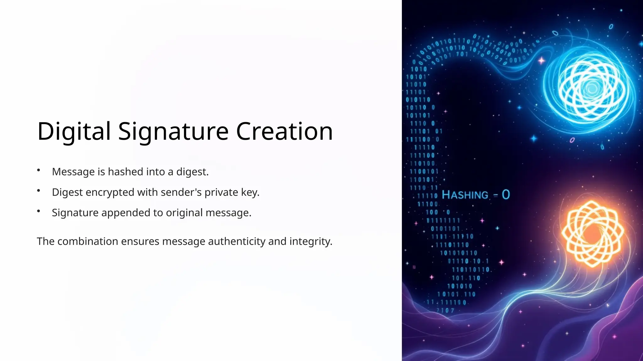 Digital Signature Creation
• Message is hashed into a digest.
• Digest encrypted with sender's private key.
• Signature appended to original message.
The combination ensures message authenticity and integrity.
 