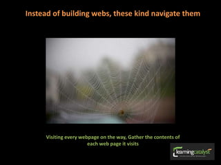 Instead of building webs, these kind navigate them
Visiting every webpage on the way, Gather the contents of
each web page it visits
 