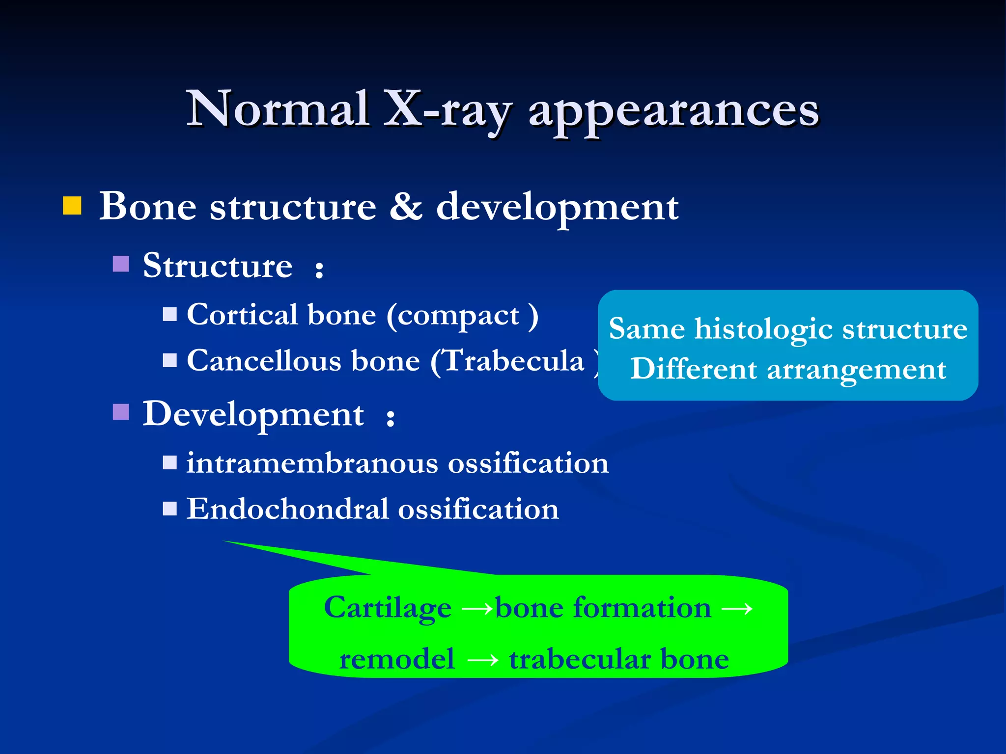 Normal X-ray appearances Bone structure & development Structure  ： Cortical bone (compact )  Cancellous bone (Trabecula ) Development  ： intramembranous ossification Endochondral ossification Same histologic structure Different arrangement Cartilage  -> bone formation  ->   remodel   ->  trabecular bone  