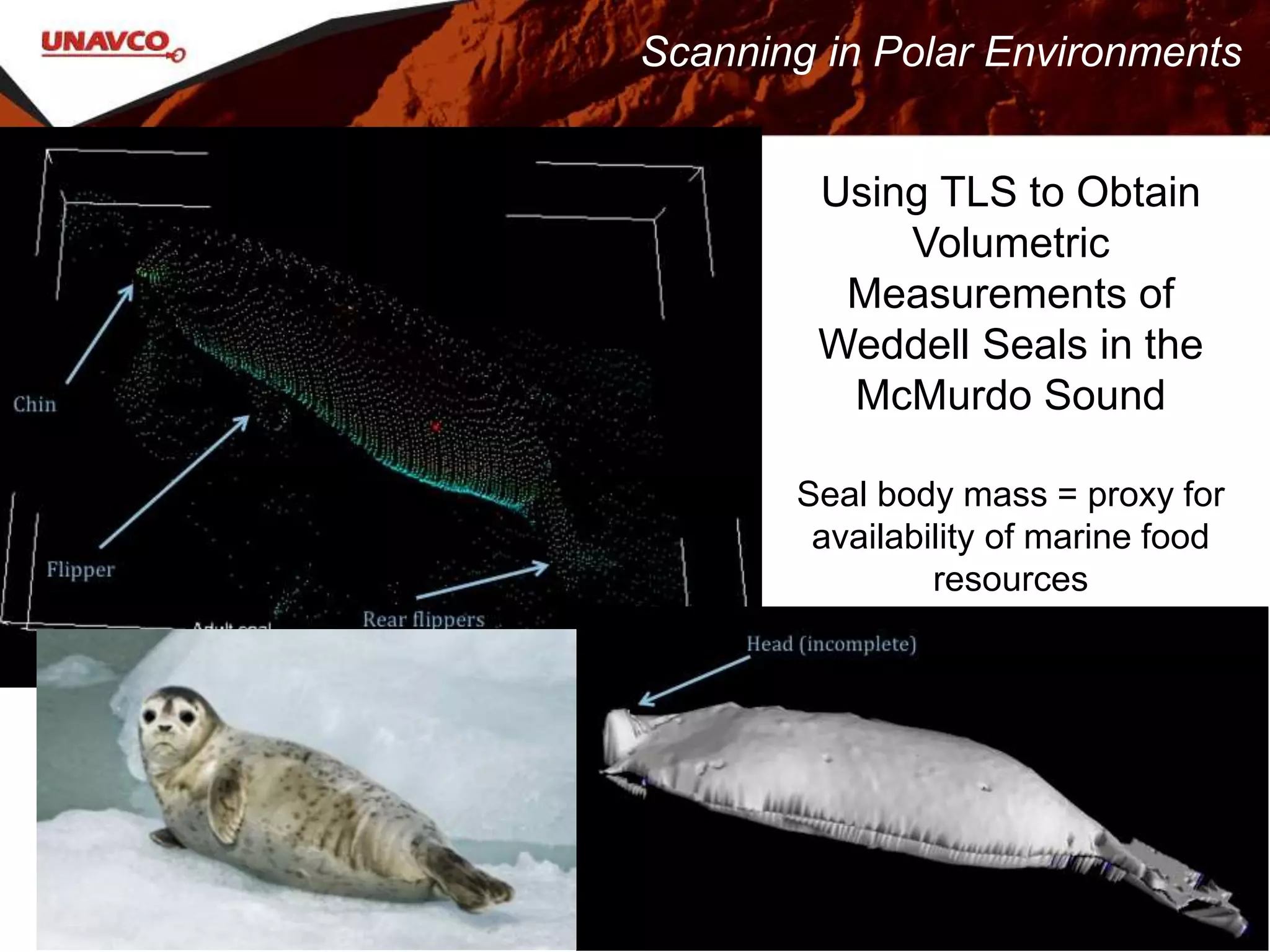 Using TLS to Obtain
Volumetric
Measurements of
Weddell Seals in the
McMurdo Sound
Seal body mass = proxy for
availability of marine food
resources
Scanning in Polar Environments
 
