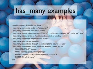 has_many examples
class Employee < ActiveRecord::Base
 has_many :comments, :order => "posted_on"
 has_many :comments, :inc...