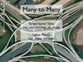 Many to Many
    Simple Joiner Table
has_and_belongs_to_many

      Joiner Model
   has_many :through