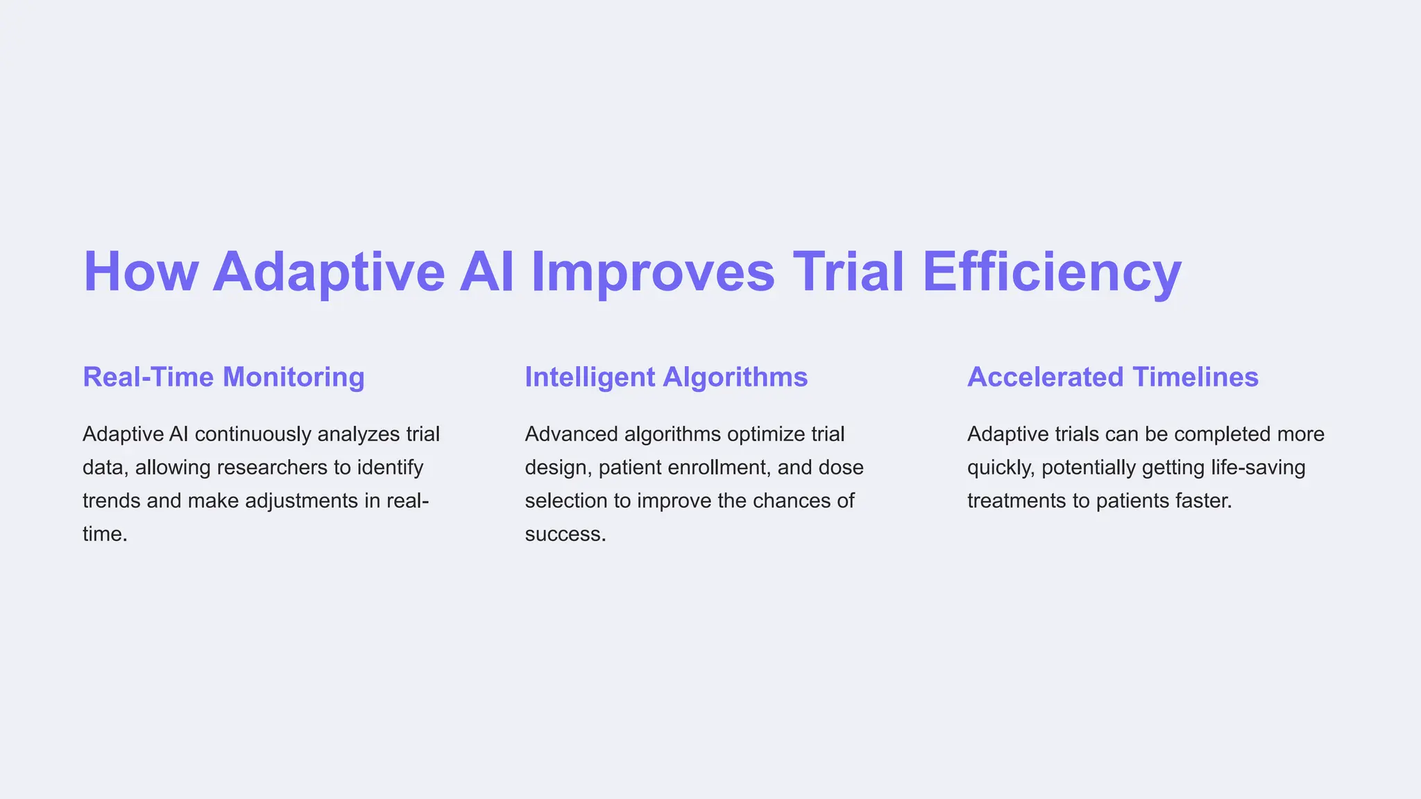 How Adaptive AI Improves Trial Efficiency
Real-Time Monitoring
Adaptive AI continuously analyzes trial
data, allowing researchers to identify
trends and make adjustments in real-
time.
Intelligent Algorithms
Advanced algorithms optimize trial
design, patient enrollment, and dose
selection to improve the chances of
success.
Accelerated Timelines
Adaptive trials can be completed more
quickly, potentially getting life-saving
treatments to patients faster.
 