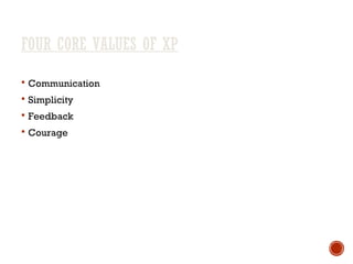 FOUR CORE VALUES OF XP
 Communication
 Simplicity
 Feedback
 Courage
 