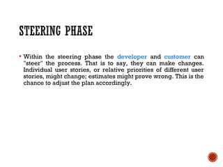  Within the steering phase the developer and customer can
"steer" the process. That is to say, they can make changes.
Individual user stories, or relative priorities of different user
stories, might change; estimates might prove wrong. This is the
chance to adjust the plan accordingly.
 