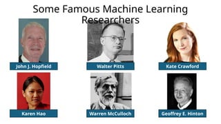 John J. Hopfield
Karen Hao
Walter Pitts
Warren McCulloch
Kate Crawford
Geoffrey E. Hinton
Some Famous Machine Learning
Researchers
 