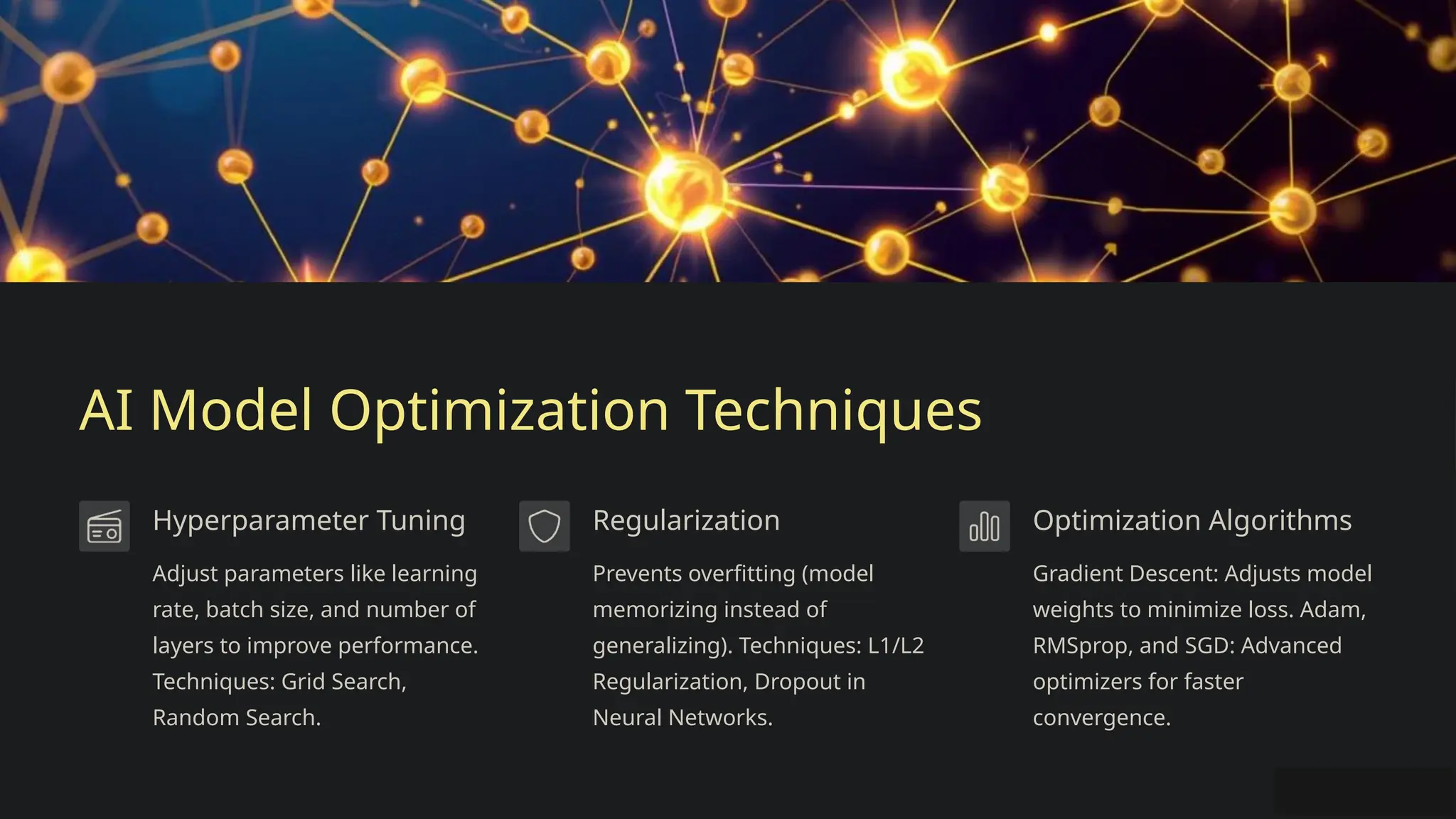 AI Model Optimization Techniques
Hyperparameter Tuning
Adjust parameters like learning
rate, batch size, and number of
layers to improve performance.
Techniques: Grid Search,
Random Search.
Regularization
Prevents overfitting (model
memorizing instead of
generalizing). Techniques: L1/L2
Regularization, Dropout in
Neural Networks.
Optimization Algorithms
Gradient Descent: Adjusts model
weights to minimize loss. Adam,
RMSprop, and SGD: Advanced
optimizers for faster
convergence.
 
