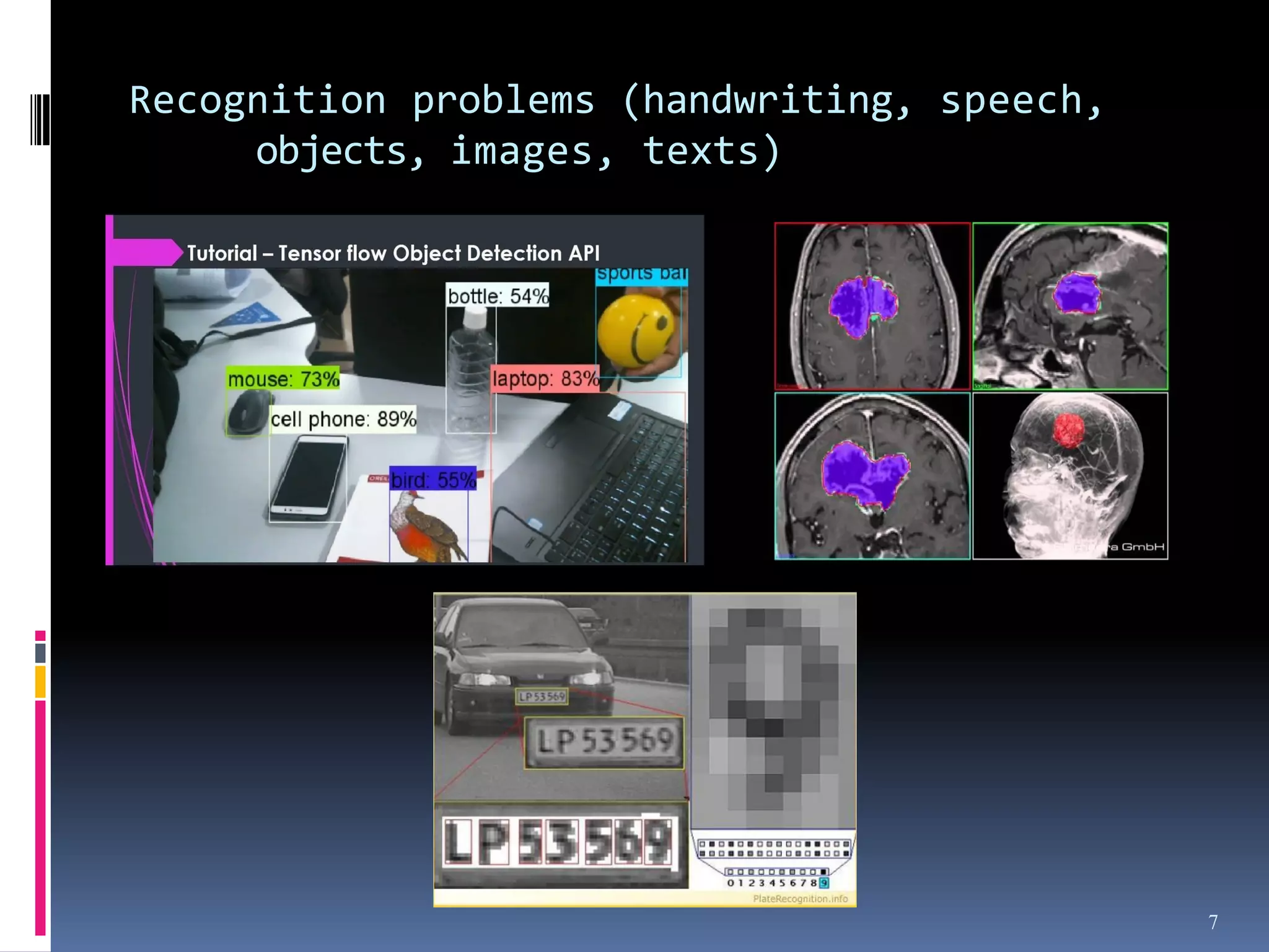 7
Recognition problems (handwriting, speech,
objects, images, texts)
 