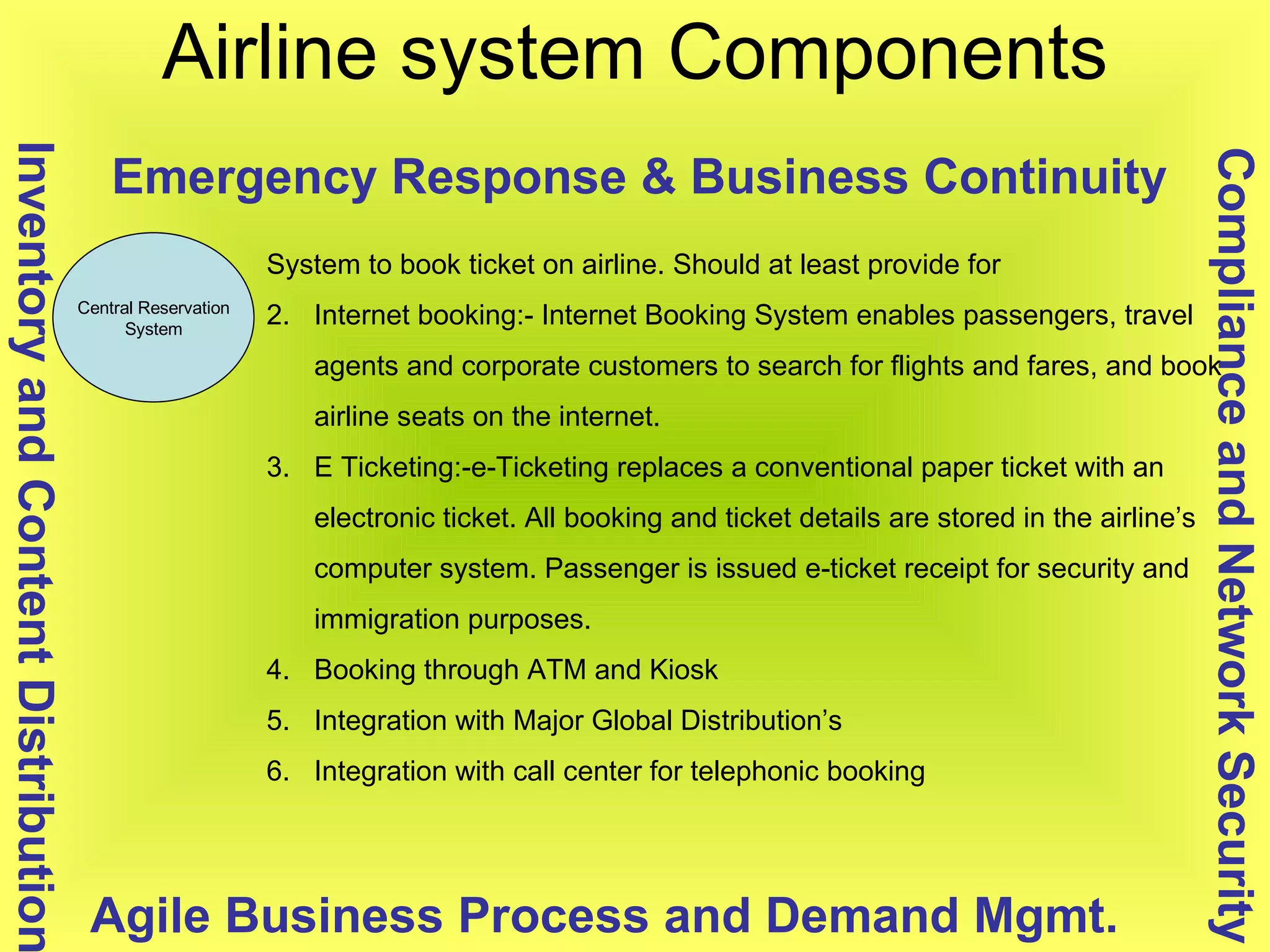 Airline system Components Central Reservation System Compliance and Network Security Inventory and Content Distribution Agile Business Process and Demand Mgmt. Emergency Response & Business Continuity System to book ticket on airline. Should at least provide for  Internet booking:- Internet Booking System enables passengers, travel agents and corporate customers to search for flights and fares, and book airline seats on the internet. E Ticketing:-e-Ticketing replaces a conventional paper ticket with an electronic ticket. All booking and ticket details are stored in the airline’s computer system. Passenger is issued e-ticket receipt for security and immigration purposes. Booking through ATM and Kiosk Integration with Major Global Distribution’s Integration with call center for telephonic booking 
