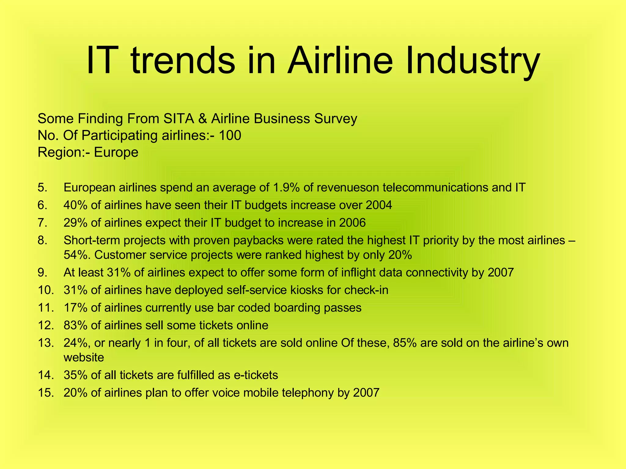 IT trends in Airline Industry Some Finding From SITA & Airline Business Survey No. Of Participating airlines:- 100 Region:- Europe European airlines spend an average of 1.9% of revenueson telecommunications and IT 40% of airlines have seen their IT budgets increase over 2004 29% of airlines expect their IT budget to increase in 2006 Short-term projects with proven paybacks were rated the highest IT priority by the most airlines – 54%. Customer service projects were ranked highest by only 20% At least 31% of airlines expect to offer some form of inflight data connectivity by 2007 31% of airlines have deployed self-service kiosks for check-in 17% of airlines currently use bar coded boarding passes 83% of airlines sell some tickets online 24%, or nearly 1 in four, of all tickets are sold online Of these, 85% are sold on the airline’s own website 35% of all tickets are fulfilled as e-tickets 20% of airlines plan to offer voice mobile telephony by 2007 