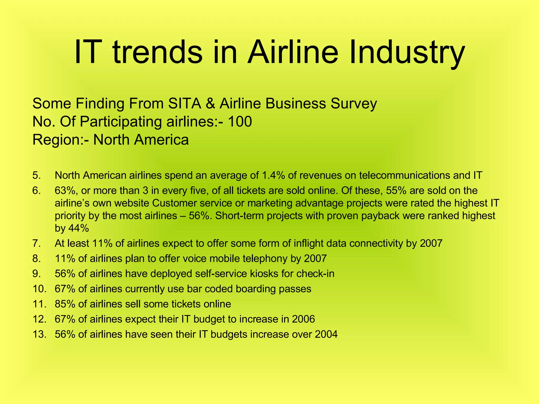 IT trends in Airline Industry Some Finding From SITA & Airline Business Survey No. Of Participating airlines:- 100 Region:- North America North American airlines spend an average of 1.4% of revenues on telecommunications and IT 63%, or more than 3 in every five, of all tickets are sold online. Of these, 55% are sold on the airline’s own website Customer service or marketing advantage projects were rated the highest IT priority by the most airlines – 56%. Short-term projects with proven payback were ranked highest by 44% At least 11% of airlines expect to offer some form of inflight data connectivity by 2007 11% of airlines plan to offer voice mobile telephony by 2007 56% of airlines have deployed self-service kiosks for check-in 67% of airlines currently use bar coded boarding passes 85% of airlines sell some tickets online 67% of airlines expect their IT budget to increase in 2006 56% of airlines have seen their IT budgets increase over 2004 