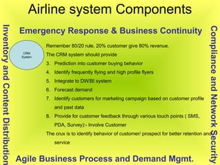 Airline system Components CRM System Compliance and Network Security Inventory and Content Distribution Agile Business Process and Demand Mgmt. Emergency Response & Business Continuity Remember 80/20 rule. 20% customer give 80% revenue. The CRM system should provide Prediction into customer buying behavior Identify frequently flying and high profile flyers Integrate to DW/BI system Forecast demand  Identify customers for marketing campaign based on customer profile and past data Provide for customer feedback through various touch points ( SMS, PDA, Survey):- Involve Customer The crux is to identify behavior of customer/ prospect for better retention and service 