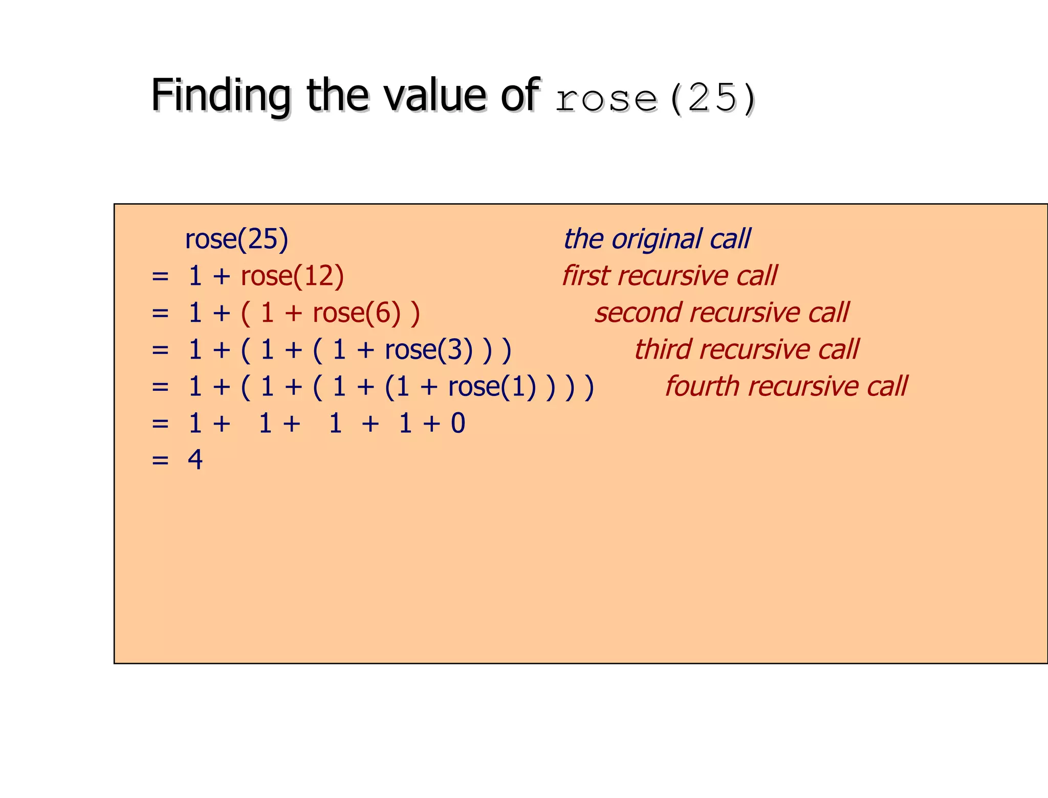 Finding the value of  rose(25) rose(25)   the original call =  1 +  rose(12)  first recursive call =  1 +  ( 1 + rose(6)   )  second recursive call =  1 + ( 1 + ( 1 + rose(3) ) )  third recursive call =  1 + ( 1 + ( 1 + (1 + rose(1) ) ) )  fourth recursive call =  1 +  1 +  1  +  1 + 0 =  4 