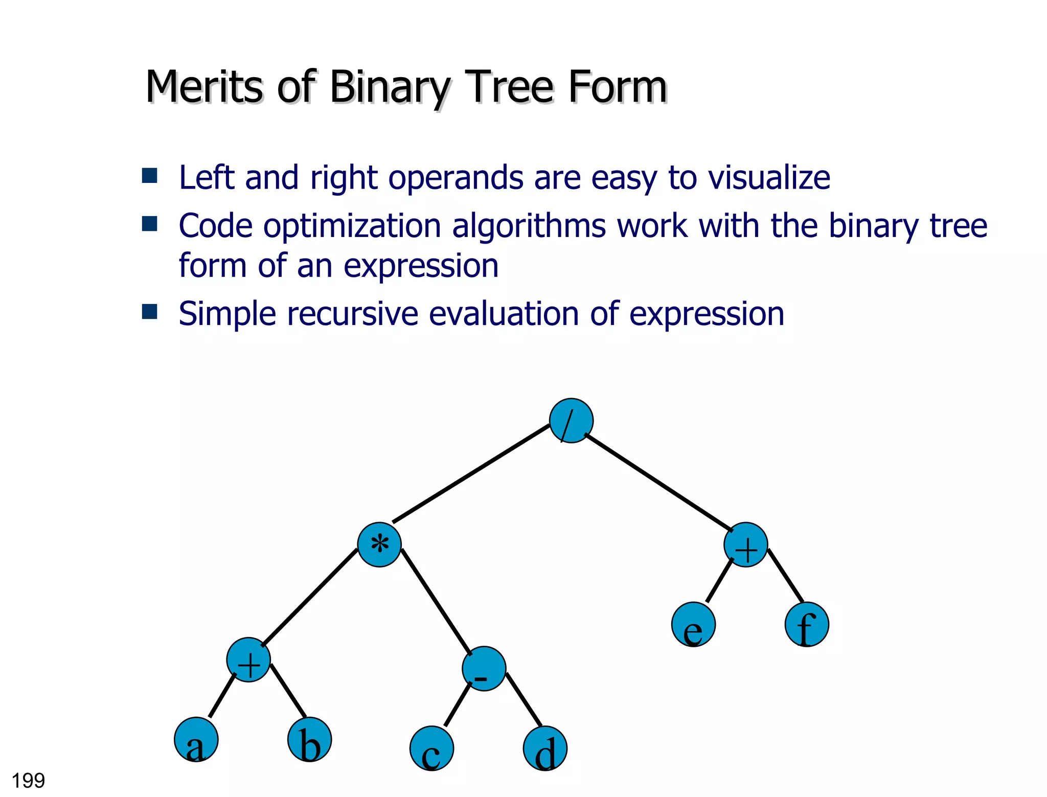 Merits of Binary Tree Form Left and right operands are easy to visualize Code optimization algorithms work with the binary tree form of an expression Simple recursive evaluation of expression + a b - c d + e f * / 