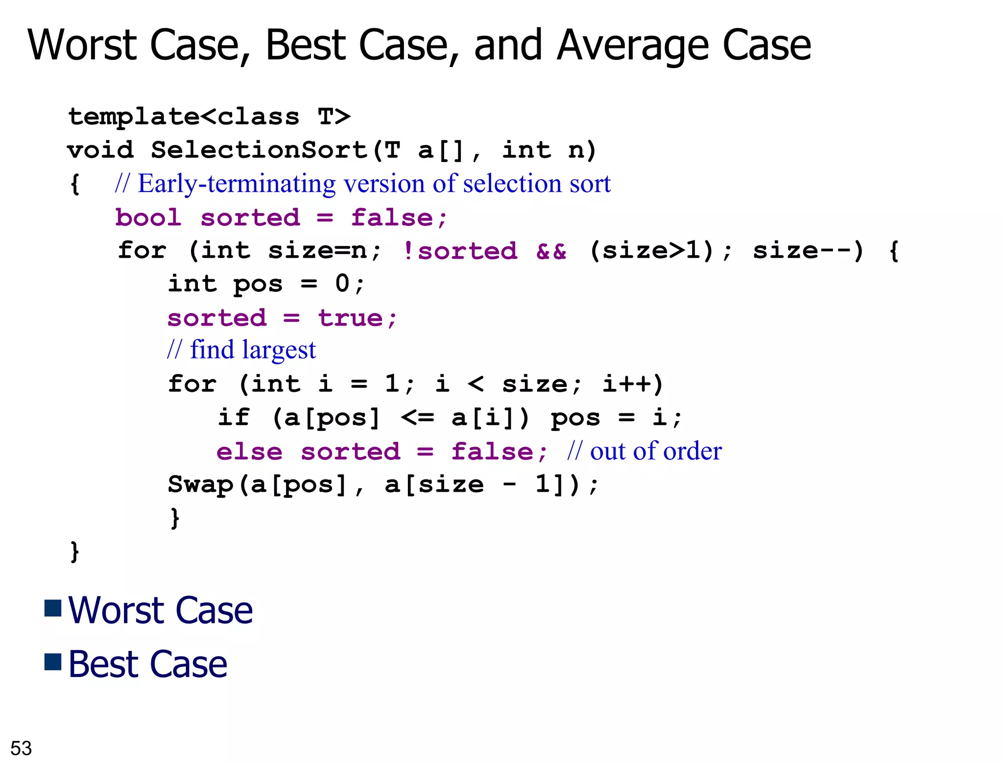 // Early-terminating version of selection sort bool sorted = false; !sorted && sorted = true; else sorted = false;   // out of order Worst Case Best Case template<class T> void SelectionSort(T a[], int n) { for (int size=n;  (size>1); size--) { int pos = 0; // find largest for (int i = 1; i < size; i++) if (a[pos] <= a[i]) pos = i; Swap(a[pos], a[size - 1]); } } Worst Case, Best Case, and Average Case 