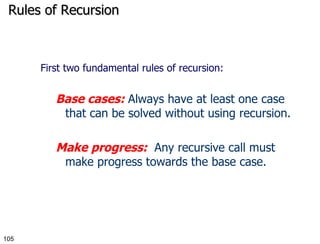 Rules of Recursion First two fundamental rules of recursion: Base cases:  Always have at least one case that can be solved without using recursion. Make progress:   Any recursive call must make progress towards the base case. 