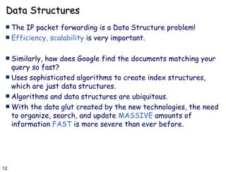 Data Structures The IP packet forwarding is a Data Structure problem! Efficiency, scalability  is very important. Similarly, how does Google find the documents matching your query so fast? Uses sophisticated algorithms to create index structures, which are just data structures. Algorithms and data structures are ubiquitous. With the data glut created by the new technologies, the need to organize, search, and update  MASSIVE  amounts of information  FAST  is more severe than ever before. 
