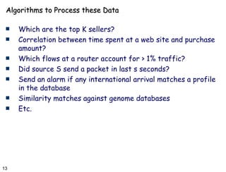 Algorithms to Process these Data Which are the top K sellers? Correlation between time spent at a web site and purchase amount? Which flows at a router account for > 1% traffic? Did source S send a packet in last s seconds? Send an alarm if any international arrival matches a profile in the database Similarity matches against genome databases Etc. 
