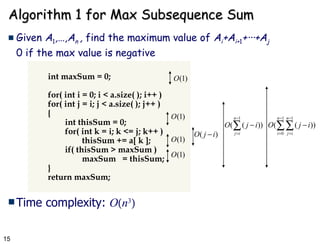 Algorithm 1 for Max Subsequence Sum Given  A 1 ,…,A n  ,  find the maximum value of  A i +A i+ 1 + ··· +A j 0 if the max value is negative  int maxSum = 0; for( int i = 0; i < a.size( ); i++ ) for( int j = i; j < a.size( ); j++ ) { int thisSum = 0; for( int k = i; k <= j; k++ ) thisSum += a[ k ]; if( thisSum > maxSum ) maxSum  = thisSum; } return maxSum; Time complexity:  O  n 3  