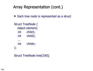 Array Representation (cont.) Each tree node is represented as a struct Struct TreeNode { object element; int  child1; int  child2; … int  childn; }; Struct TreeNode tree[100]; 
