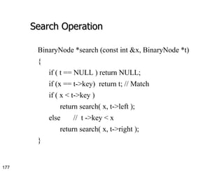 Search Operation BinaryNode *search (const int &x, BinaryNode *t) { if ( t == NULL ) return NULL; if (x == t->key)  return t; // Match if ( x < t->key ) return search( x, t->left ); else  //  t ->key < x return search( x, t->right );  } 