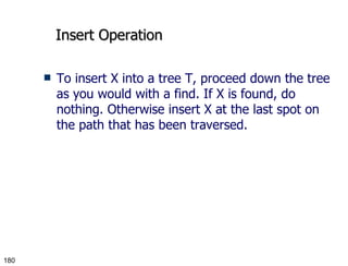 Insert Operation To insert X into a tree T, proceed down the tree as you would with a find. If X is found, do nothing. Otherwise insert X at the last spot on the path that has been traversed. 
