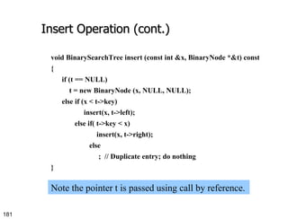 Insert Operation (cont.) void BinarySearchTree insert (const int &x, BinaryNode *&t) const { if (t == NULL) t = new BinaryNode (x, NULL, NULL); else if (x < t->key) insert(x, t->left); else if( t->key < x) insert(x, t->right); else ;  // Duplicate entry; do nothing } Note the pointer t is passed using call by reference.  