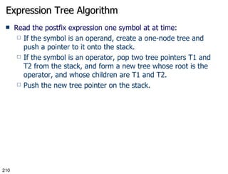 Expression Tree Algorithm Read the postfix expression one symbol at at time: If the symbol is an operand, create a one-node tree and push a pointer to it onto the stack. If the symbol is an operator, pop two tree pointers T1 and T2 from the stack, and form a new tree whose root is the operator, and whose children are T1 and T2. Push the new tree pointer on the stack. 