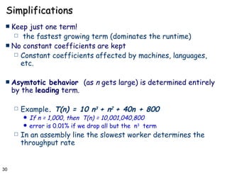 Simplifications Keep just one term!  the fastest growing term (dominates the runtime) No constant coefficients are kept Constant coefficients affected by machines, languages, etc. Asymtotic behavior  (as  n  gets large) is determined entirely by the  leading  term. Example . T(n) = 10 n 3  + n 2  + 40n + 800 If n = 1,000, then  T(n) = 10,001,040,800 error is 0.01% if we drop all but the  n 3   term In an assembly line the slowest worker determines the throughput rate 