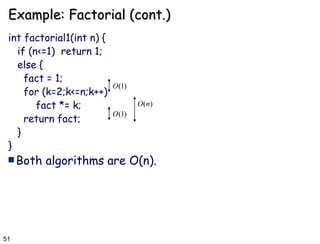 Example: Factorial (cont.) int factorial1(int n) { if (n<=1)  return 1; else { fact = 1; for (k=2;k<=n;k++)  fact *= k; return fact; } } Both algorithms are O(n). 
