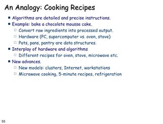 An Analogy: Cooking Recipes Algorithms are detailed and precise instructions. Example: bake a chocolate mousse cake. Convert raw ingredients into processed output. Hardware (PC, supercomputer vs. oven, stove) Pots, pans, pantry are data structures. Interplay of hardware and algorithms  Different recipes for oven, stove, microwave etc.  New advances. New models: clusters, Internet, workstations Microwave cooking, 5-minute recipes, refrigeration 