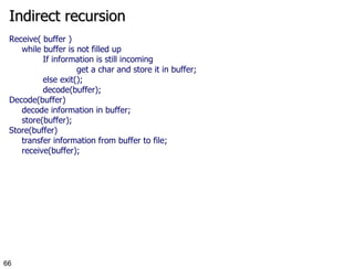 Indirect recursion Receive( buffer ) while buffer is not filled up If information is still incoming get a char and store it in buffer; else exit(); decode(buffer); Decode(buffer) decode information in buffer; store(buffer); Store(buffer) transfer information from buffer to file; receive(buffer); 
