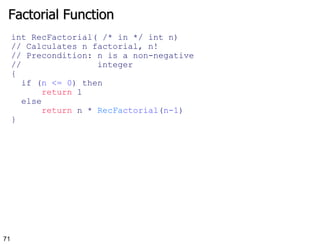 Factorial Function int RecFactorial( /* in */ int n) // Calculates n factorial, n!  // Precondition: n is a non-negative //  integer {  if ( n <= 0 ) then return  1 else return  n *  RecFa ctorial ( n-1 ) } 