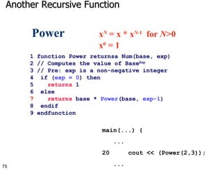 Another Recursive Function 1 function Power returnsa Num(base, exp) 2 // Computes the value of Base Exp   3 // Pre: exp is a non-negative integer  4  if ( exp = 0 ) then 5  returns  1 6  else 7   returns  base *  Power (base,  exp-1 ) 8  endif 9 endfunction  Power  x N  = x * x N -1   for  N >0  x 0  = 1 main(...) {  ...  20  cout << (Power(2,3)); ... 