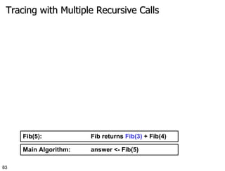 Tracing with Multiple Recursive Calls Main Algorithm:  answer <- Fib(5) Fib(5):  Fib returns  Fib(3)  + Fib(4) 