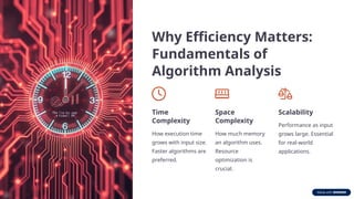 Why Efficiency Matters:
Fundamentals of
Algorithm Analysis
Time
Complexity
How execution time
grows with input size.
Faster algorithms are
preferred.
Space
Complexity
How much memory
an algorithm uses.
Resource
optimization is
crucial.
Scalability
Performance as input
grows large. Essential
for real-world
applications.
 