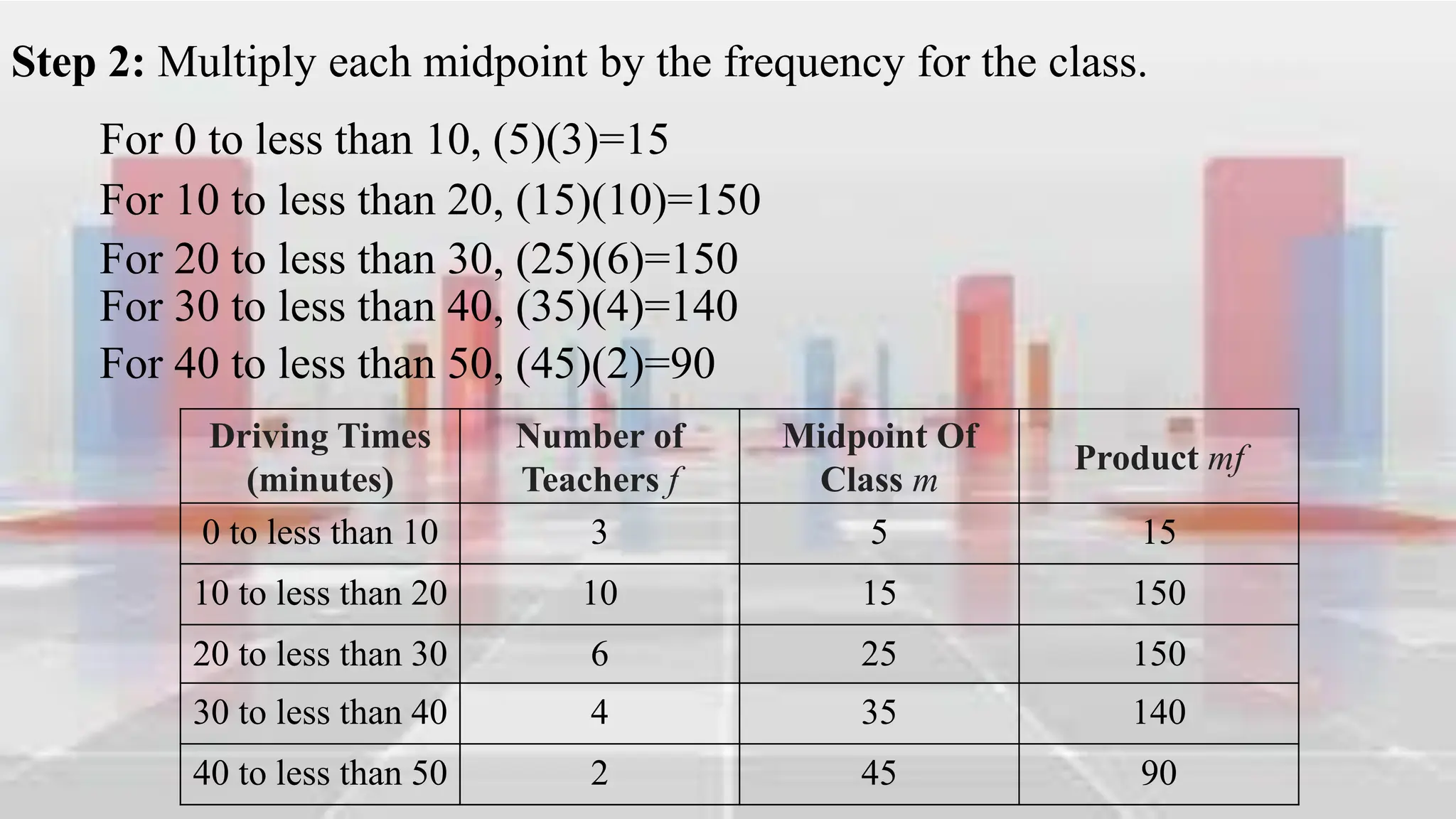 Step 2: Multiply each midpoint by the frequency for the class.
For 0 to less than 10, (5)(3)=15
Driving Times
(minutes)
Number of
Teachers f
Midpoint Of
Class m
Product mf
0 to less than 10 3 5 15
10 to less than 20 10 15 150
20 to less than 30 6 25 150
30 to less than 40 4 35 140
40 to less than 50 2 45 90
For 10 to less than 20, (15)(10)=150
For 20 to less than 30, (25)(6)=150
For 30 to less than 40, (35)(4)=140
For 40 to less than 50, (45)(2)=90
 