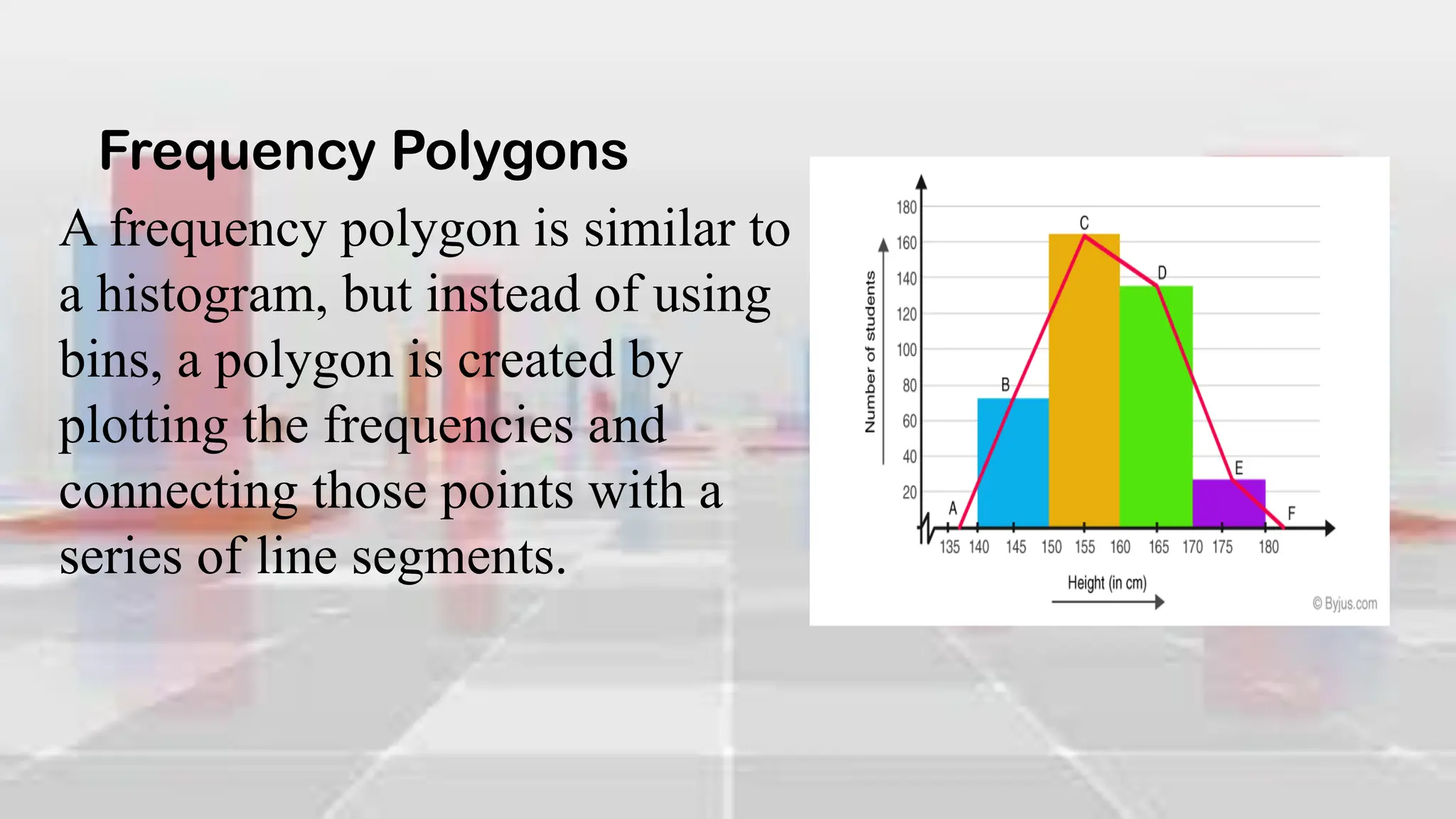 Frequency Polygons
A frequency polygon is similar to
a histogram, but instead of using
bins, a polygon is created by
plotting the frequencies and
connecting those points with a
series of line segments.
 