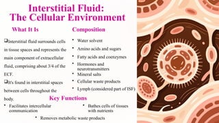 Interstitial Fluid:
The Cellular Environment
What It Is
Interstitial fluid surrounds cells
in tissue spaces and represents the
main component of extracellular
fluid, comprising about 3/4 of the
ECF.
It's found in interstitial spaces
between cells throughout the
body. Key Functions
• Facilitates intercellular
communication
• Bathes cells of tissues
with nutrients
• Removes metabolic waste products
Composition
• Water solvent
• Amino acids and sugars
• Fatty acids and coenzymes
• Hormones and
neurotransmitters
• Mineral salts
• Cellular waste products
• Lymph (considered part of ISF)
 