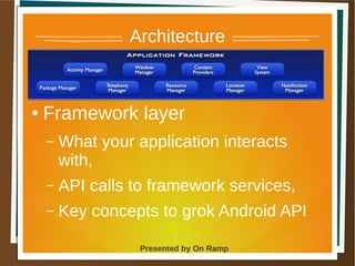 1 May 2013 Presented by On Ramp
Presented by On Ramp
Architecture
● Framework layer
– What your application interacts
with,
– API calls to framework services,
– Key concepts to grok Android API
 