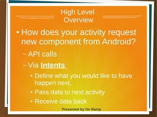 1 May 2013 Presented by On Ramp
Presented by On Ramp
High Level
Overview
● How does your activity request
new component from Android?
– API calls
– Via Intents
● Define what you would like to have
happen next,
● Pass data to next activity
● Receive data back
 