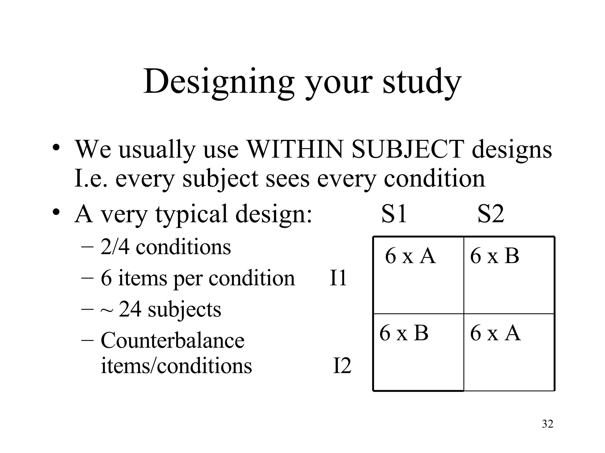 Designing your study We usually use WITHIN SUBJECT designs I.e. every subject sees every condition A very typical design:  S1  S2 2/4 conditions 6 items per condition  I1 ~ 24 subjects Counterbalance  items/conditions  I2 6 x A 6 x B 6 x B 6 x A 