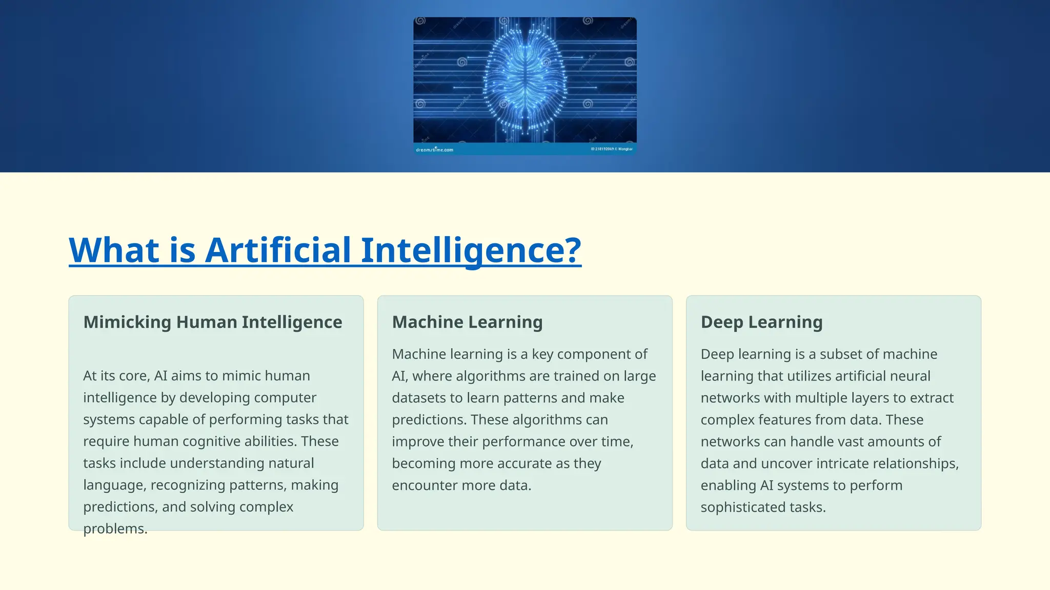 What is Artificial Intelligence?
Mimicking Human Intelligence
At its core, AI aims to mimic human
intelligence by developing computer
systems capable of performing tasks that
require human cognitive abilities. These
tasks include understanding natural
language, recognizing patterns, making
predictions, and solving complex
problems.
Machine Learning
Machine learning is a key component of
AI, where algorithms are trained on large
datasets to learn patterns and make
predictions. These algorithms can
improve their performance over time,
becoming more accurate as they
encounter more data.
Deep Learning
Deep learning is a subset of machine
learning that utilizes artificial neural
networks with multiple layers to extract
complex features from data. These
networks can handle vast amounts of
data and uncover intricate relationships,
enabling AI systems to perform
sophisticated tasks.
 